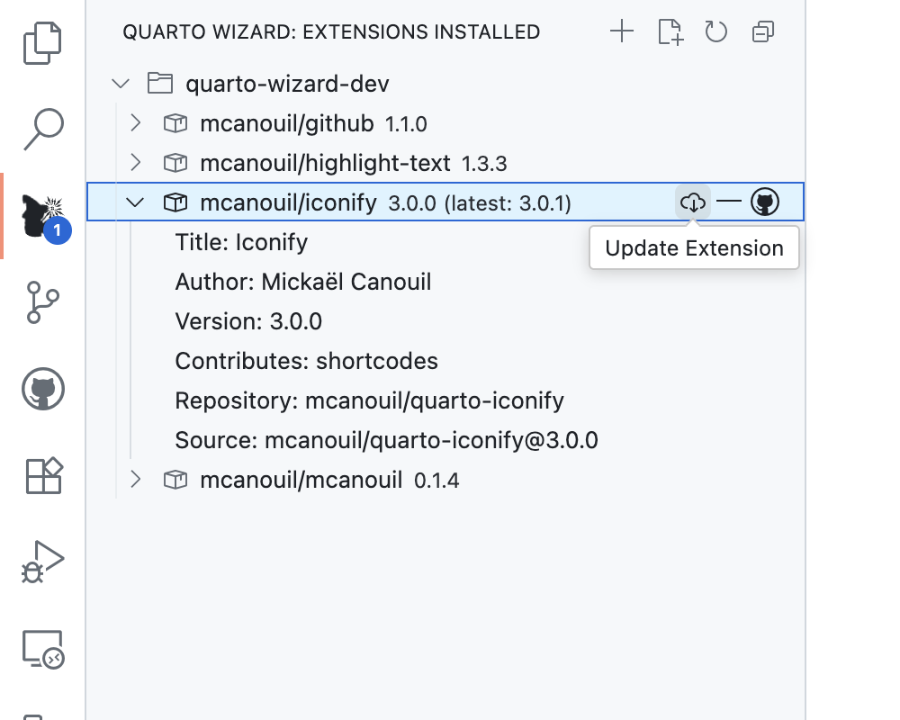 Quarto Wizard: Explorer View Update (Light) Quarto Wizard Extensions Installed panel showing expanded iconify extension details with update button and version information.